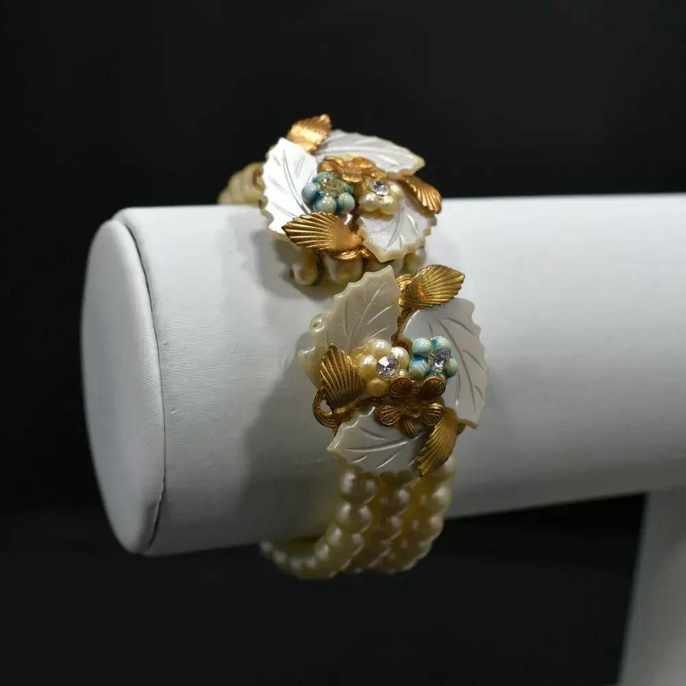 Vintage Faux Pearl Memory Wire Bracelet, Hand Carved Leaves, 1960s